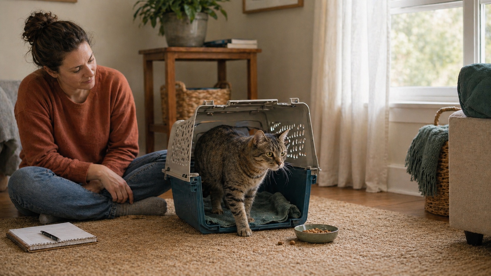A cat calmly stepping out of an open carrier while an owner sits nearby on the floor.