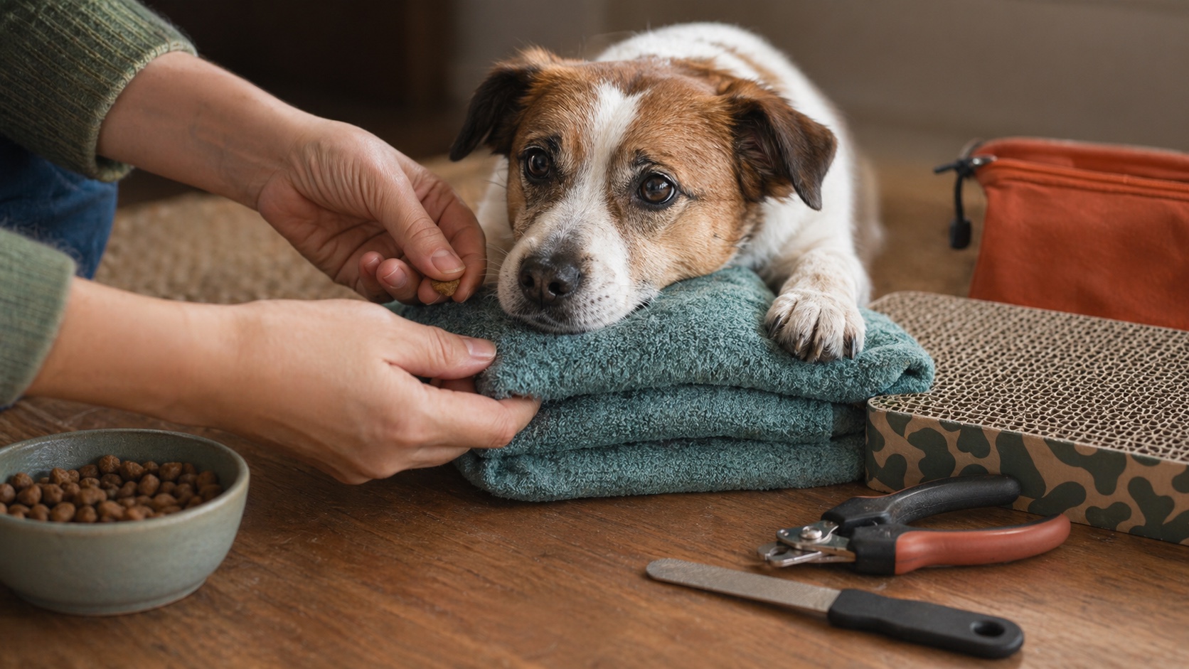 A close-up of a small rescue dog resting its chin on a towel while a person offers a treat near grooming tools.