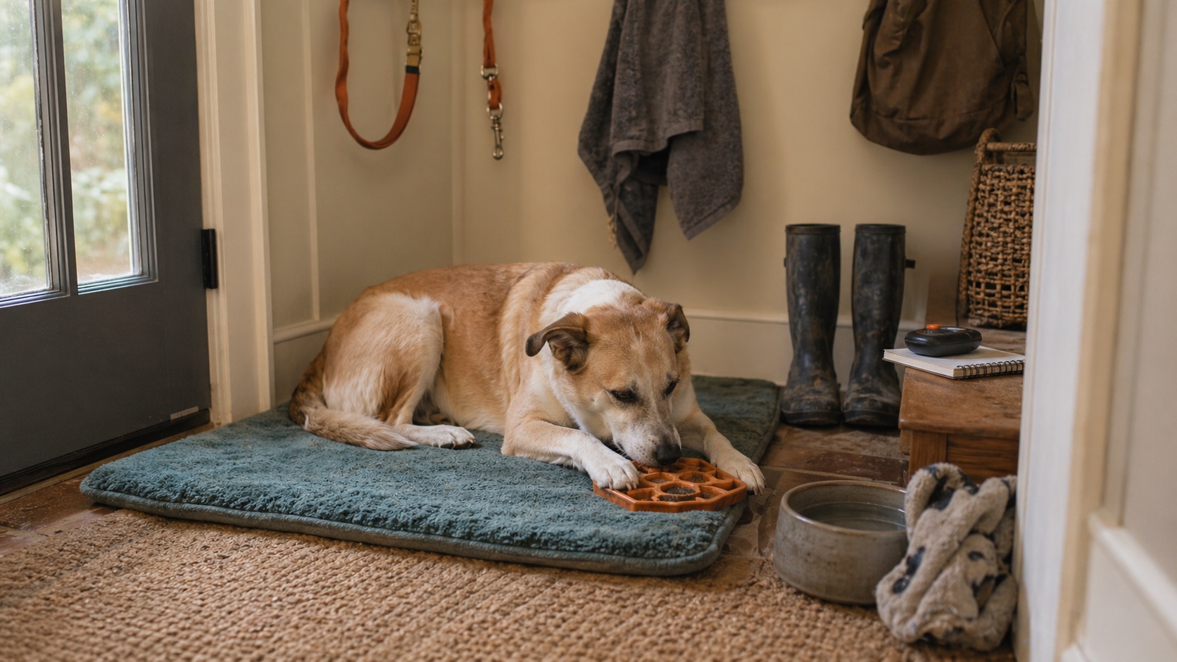 A tan rescue dog resting on a teal mat in an entryway recovery station with boots, leash, water, and a food puzzle.
