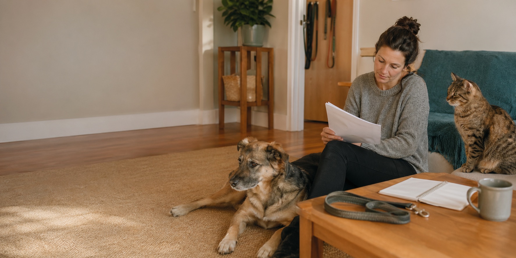 A pet owner taking notes at home with a rescue dog resting nearby and a cat perched on the sofa.