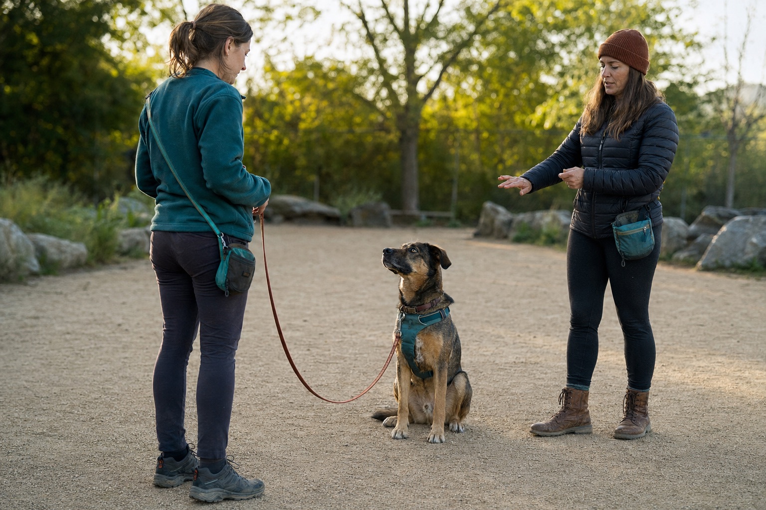 A trainer coaching an adopter during a calm leash training session with a rescue dog.