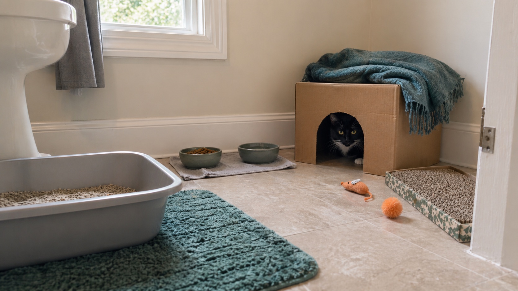 A shy black cat peeking from a cardboard hide in a bathroom safe room with litter, food, water, and scratching supplies.