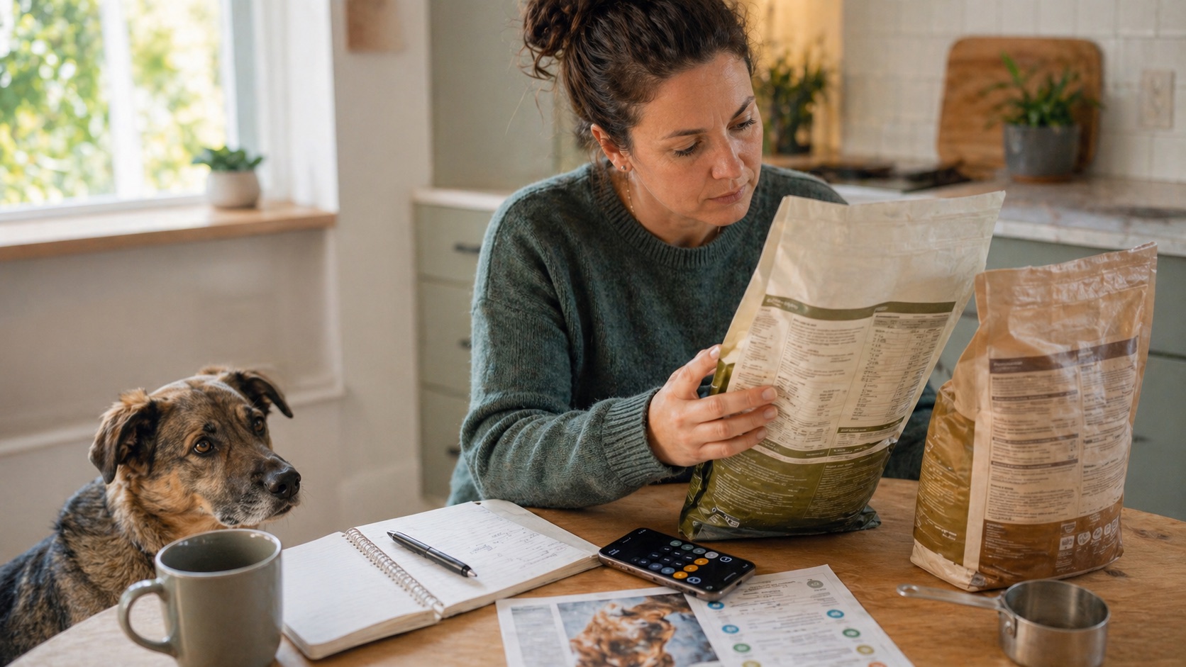 A pet owner comparing nutrition labels on unbranded pet food bags at a kitchen table.