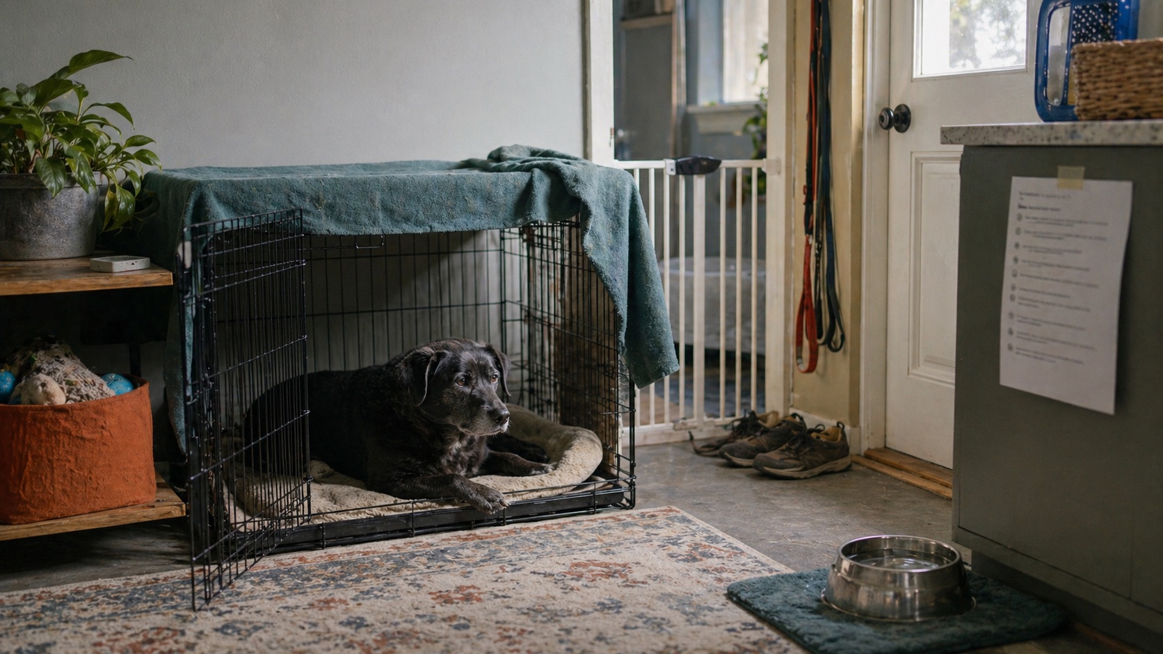 An older rescue dog resting in an open covered crate in a quiet first-week setup with water, leash, and routine notes nearby.