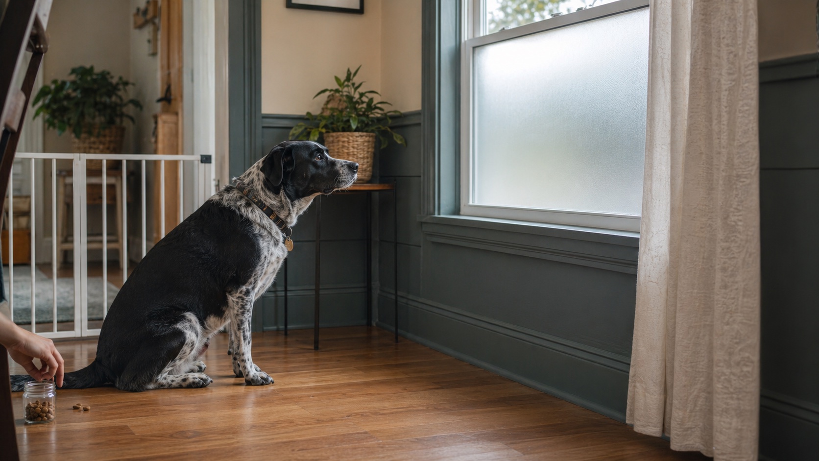 A black-and-white rescue dog sitting near a frosted window with a baby gate and treat jar used for window barking management.